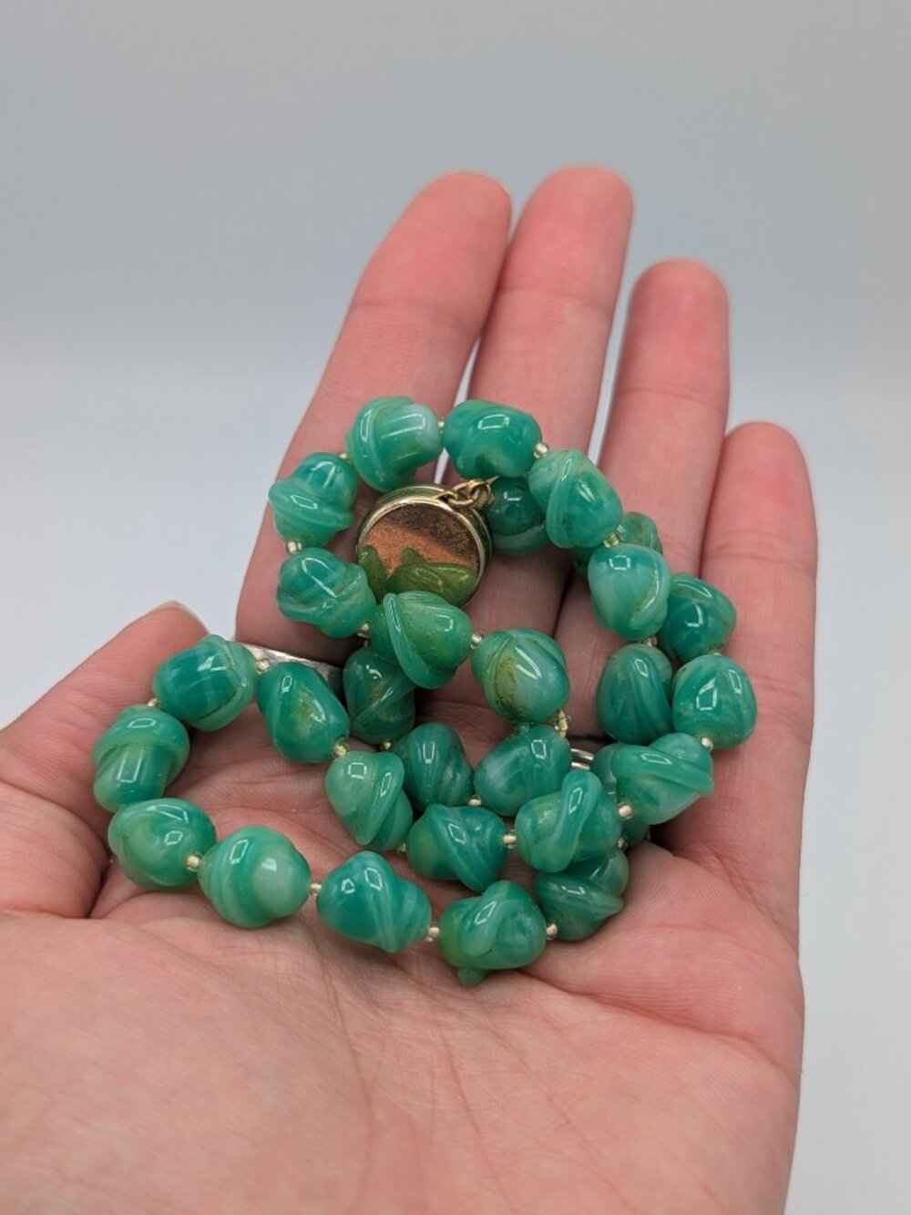 Vintage 1940s Chinese Export Peking Jade Glass Flower Box Clasp Necklace 15” - Picture 6 of 8
